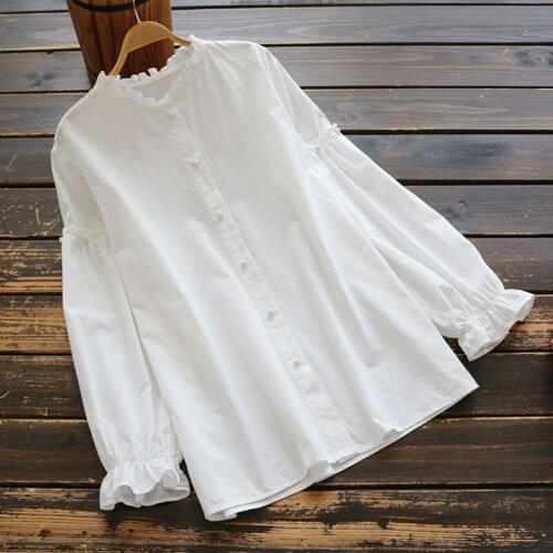 Autumn Casual Sweet Loose Long-sleeved Shirt Weomen Leisure Solid White Cotton Lotus Leaf Female Blouses Femme Blusa Tops U695