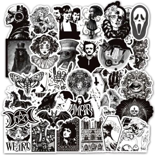 50PCS Black White Punk Goth Fashion Horror Graffiti Stickers For DIY Motorcycle Car Helmet Guitar Laptop Skateboard Sticker