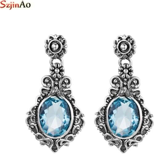 SzjinAo Solid 925 Sterling Silver Earrings Created Sapphire Cubic Zirconia Fine Jewelry for Women Earrings
