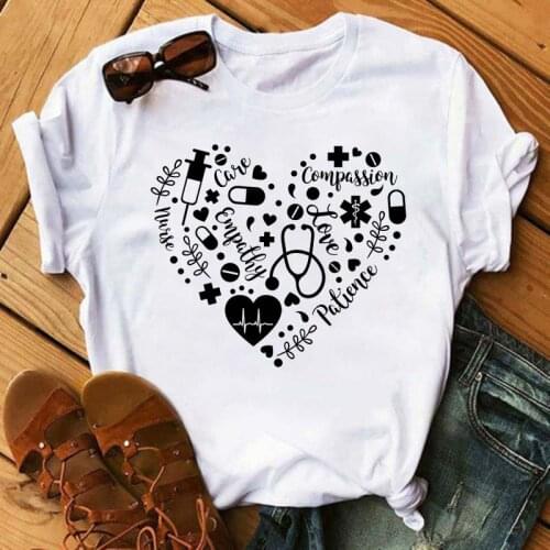 Women T Shirt Heart Pill Graphic Tees Casual Nurse T Shirt Funny Short-sleeved Cartoon Short Sleeve Harajuku T-shirt Tops Female