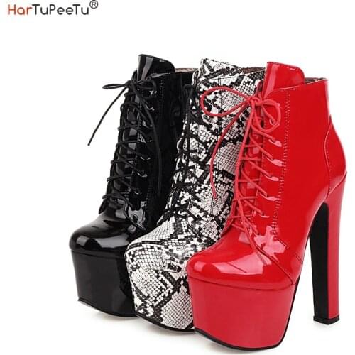 2021 Autumn Winter Ankle Boots Women Sexy Nightclub Solid Patent Leather Pumbs Cross Lace-Up PU Platform Shoes Size 34~46