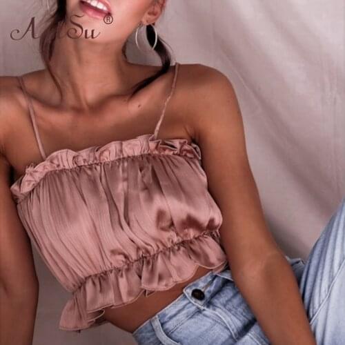 ArtSu Women Sexy Slash Neck Bustier Off Shoulder Crop Top Ruffles Summer Tank Tops Red Black Pink Satin Camisole 2020 Plus Size