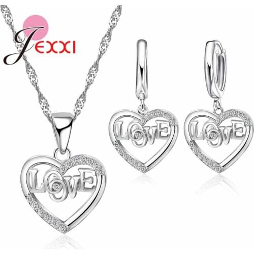 Concise Hollow Heart Women Necklace/Pendant/Earrings for Wedding Party Pure 925 Sterling Silver Brand Jewelry Sets