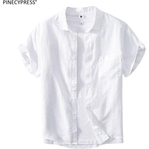 100% Linen Anti-static Breathable Anti-uv Loose Summer Solid Plain Pocket Hemp Short Sleeve Man Shirt Quality Men Casual Shirts