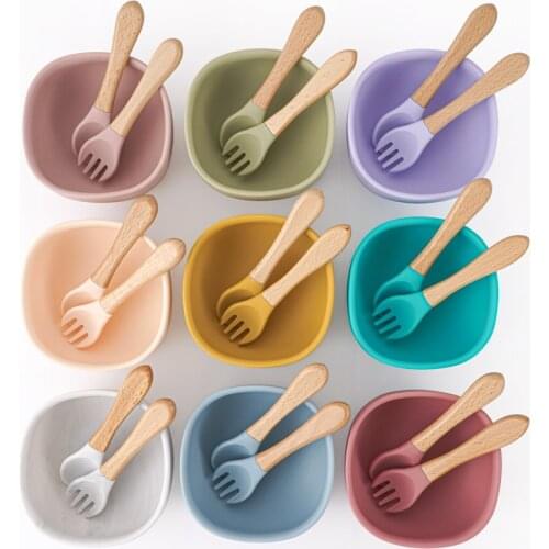 100% Food Grade Silicone Baby Feeding Bowl Fanshionable Tableware Spoon Gadget For Dinner Set Plates Healthy Baby Stuff