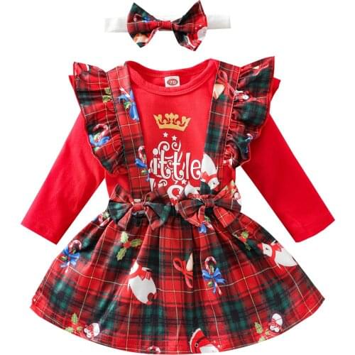 2021 Newborn Baby Girl 3Pcs Christmas Clothing Set Long Sleeve Red Letter Romper Top Skirts Headband 0-24M