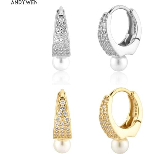 ANDYWEN 925 Sterling Silver 8mm Huggies Pearl Luxury Hoops Fashion Crystal Women Jewels Zircon Pave Wedding Fashion Jewels