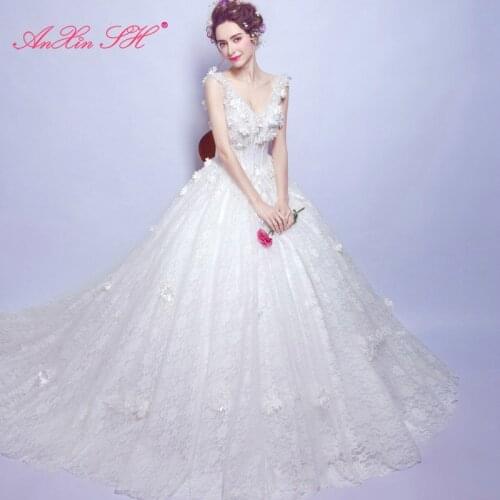 AXJFU Lace three-dimensional flower princess bride wedding dress Luxury large tail wedding dress 2108