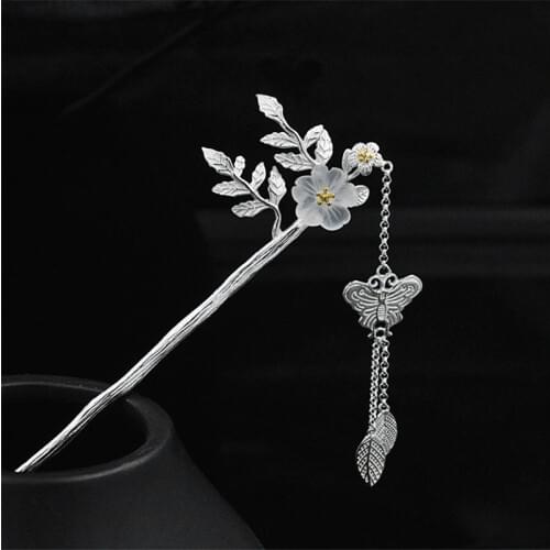 White Crystal 925 Sterling Silver Hair Stick Butterfly Dangle Women Accesories Luxury Jewelry Hairpin Handmade Pins Jewellery