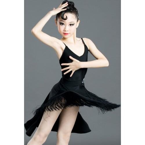 Summer Latin Dress For Girls Dance Clothing Black Dress Sexy Sleeveless Bodysuit Tassel Dance Skirt Kids Practice Clothes 572