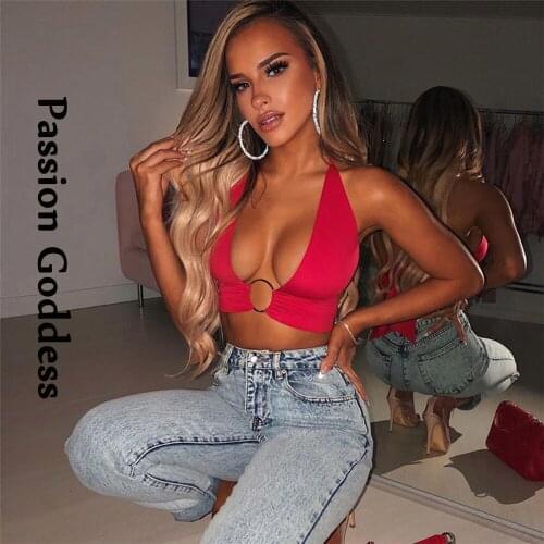 Summer Sexy Women Lace-up Halter Crop Shirt Sleeveless Bandage Slim Bustiers Deep V Neck Rings Backless Low-cut T Shirt Party