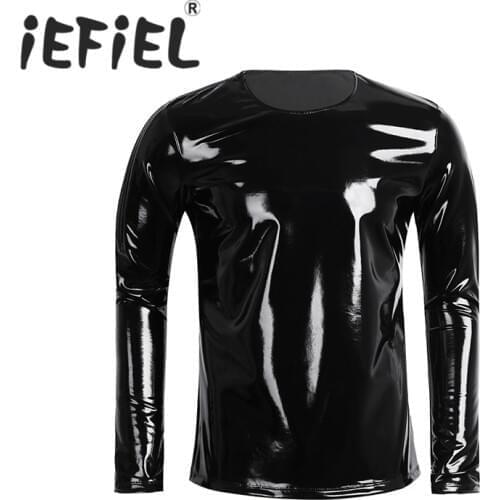 IEFiEL Fashion Men Patent Leather Long Sleeve Zipper T-shirt Nightclub Style Party Metallic Shiny Hip Hop Pullover T-Shirt Top