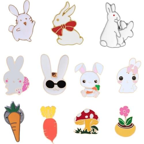 Fashion Kawaii Rabbit Carrot Cartoon Brooches Enamel Metal Pins Mushroom Flowers Bunny hijab Lapel Pin Kid Broche Bag Icon Badge