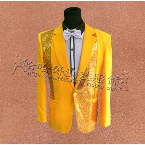 Yellow Sequins Men Suits Designs Masculino Homme Terno Stage Costumes For Singers Men Blazer Dance Clothes Jacket Star Style