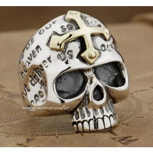 Brass Cross 925 Sterling Silver Skull Mens Biker Ring 9G001 Mens Jewellery US Size 7 to 15
