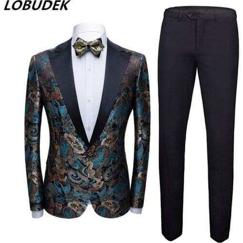 Chinese Style Jacquard Suit Mens Groom Wedding Dress Suits Fashion Slim Fit Embroidery Tuxedo Blazer+Pants 2-Piece Set Costume