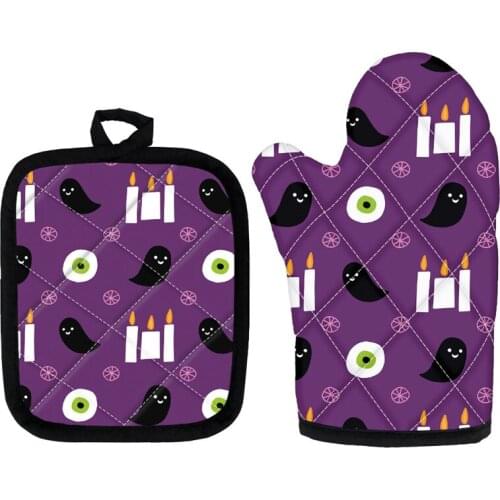 Kitchen Insulated Polyester Oven Mitts Set Ghost Candle Style Non-slip Oven Gloves for Home Cooking/Baking Glove and Mat Pad