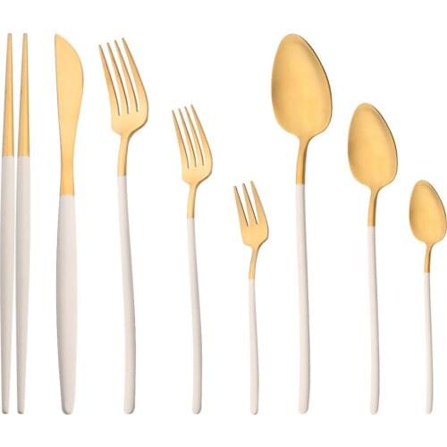 Gold Tableware Matte Flatware Cutlery Set Salad Fork Spoon Knife Chopsticks Dessert Fork 304 Stainless Steel Dinnerware Set