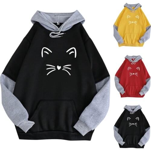 New Womens Hoodies Stitching Kawaii Cat Printed Plus Velvet Long-sleeve Hooded Sweatshirt Top Harajuku Plus Size Elegant Hoodie