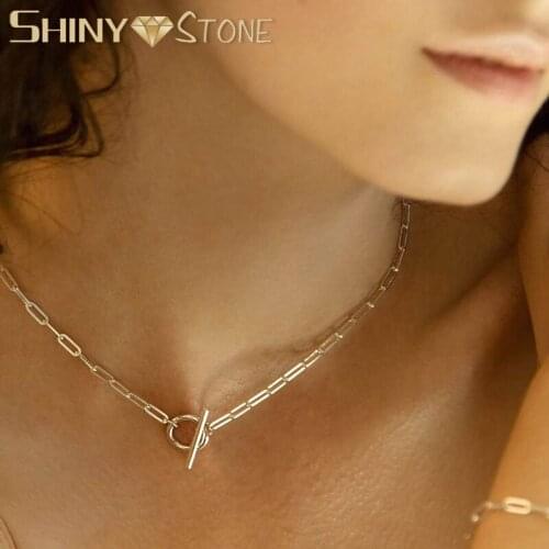 2021 New Geometric Chain Collar Rectangle Open Link Chain Toggle Clasp Lock Charm 925 Sterling Silver Women Gold Color Necklace
