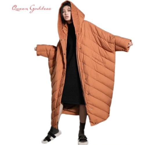 Winter COCOON coat bat sleeved fashion style loose and causal trend womens super long super plus size down jacket hood parkas