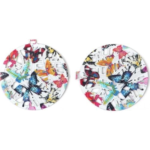 DoreenBeads Iron Alloy Enamel Painting Pendant Charms Round Green Butterfly Pattern Filigree 38mm(1 4/8") x 36mm(1 3/8"), 5 Pcs