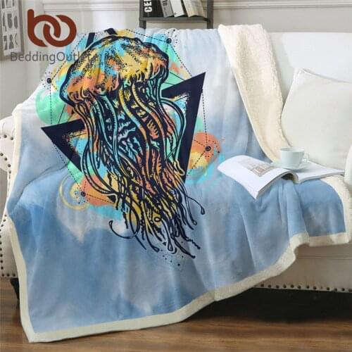 BeddingOutlet Jellyfish Blanket Soft Geometric Sherpa Plush Throw Blanket Blue Watercolor Fleece Blanket Chic Bedroom Decor 1pc