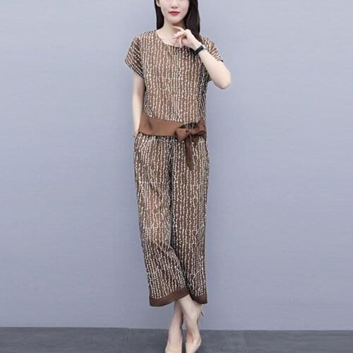Casual Fashion Suit For Women Summer 2021 New Loose Short Sleeve Tops Nine-point Wide-leg Pants Female Print Two Piece Set aq243