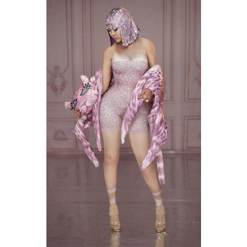 Pink Rhinestones Printed Nude Stretch Jumpsuit Summer Sexy Leggings Costume Bodysuit Nightclub Party Wear Outfit DS DJ