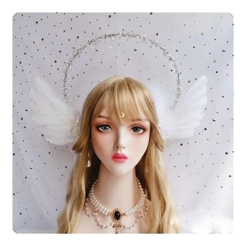 Crystal Love Balotte Virgin Mary Halo Retro Lolita Pearl Wedding Bride Angel Feather Wing Hair Crown Handwork Headband Headwear