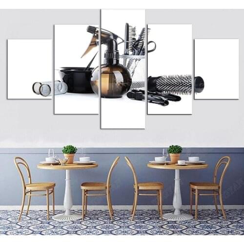 Modern Hairdresser Barber Tools Patterned 5 Panels Canvas Poster Panting Pictures Hair Shop Decor Wall Art Interior decoration p