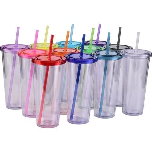 22OZ double wall transparant reusable skinny plastic tumbler double wall tumbler with straw drinking water bottle