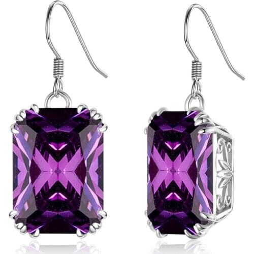 Szjinao Silver Earrings For Women 925 Sterling Silver Shiny Vintage Purple Crystals Gemstone Dangling Earrings Fashion Jewelry