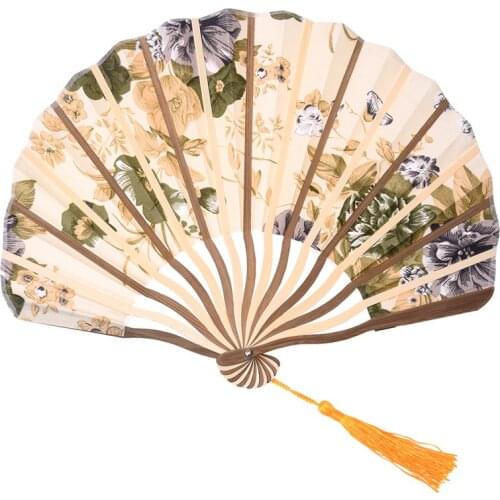Classic style peony flower fabric bamboo folding dance hand fan beige