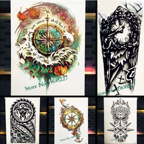 Waterproof Temporary Tattoo Compass Designs Fake Body ARt ARm Sleeves Legs Tattoo Stickers 21x15CM Women Men Black Totem Tatoos