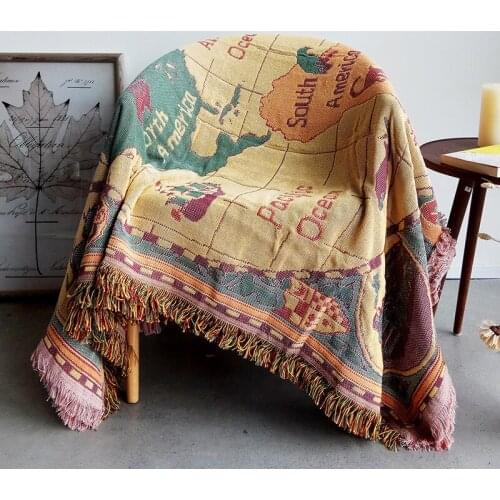 World Map Jacquard Cotton Blanket For Sofa Covers Thick Blankets Piano Cover Carpet AB-Side Coverlet 3-Sizes Bedspread