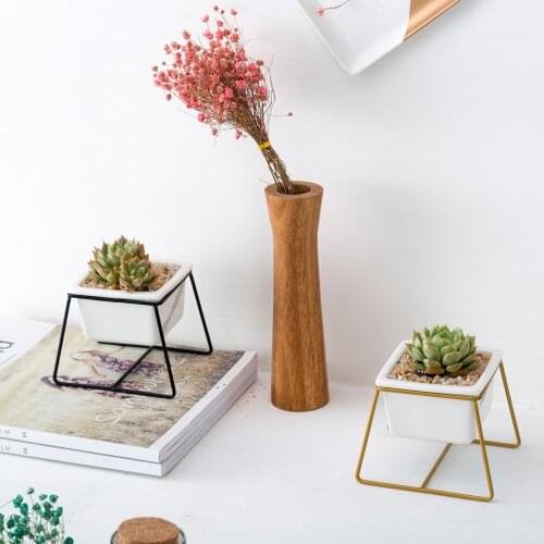 Nordic Iron Art Simple Geometric White Ceramic Succulent Plant Flowerpot Decoration Pieces Creative Personality Indoor Table Top