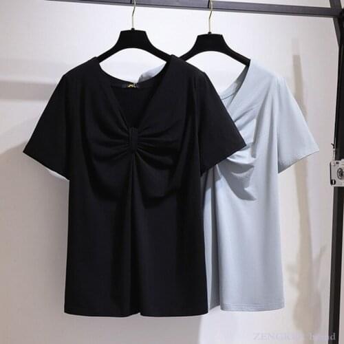 Big size summer Korean version of the v-neck shirt carefully designed kink short-sleeved t-shirt new plus size womens 6XL 5XL