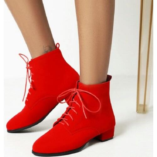 Sianie Tianie Casual Leisure Winter Fall Season Women Shoes Red Lace-up Chunky Med Heels Flock Ankle Martin Boots Small Size 33