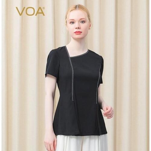 VOA Silk Skew Collar Short Sleeve Line Decorative Folding Classic Black Slim Thin Simple T-shirt BE576 Harajuku Woman Tshirts