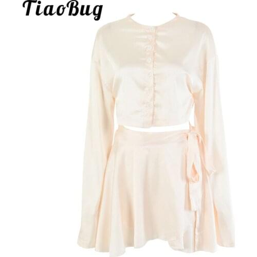 Women Satin 2 Piece Sets Spring Fashion Long Sleeve Solid Color Crop Top Blouse with High Waist Lace-up Skirt Suits Streetwear