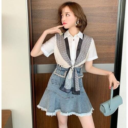 Women 2 Pieces Set Suit Blouse top with Scarf and skirts Down together Summer Elegant Clothes set Two Pieces of Timis Li