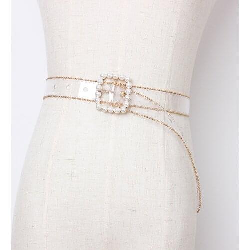 Square Pearl Buckle Pin Transparent PVC Belts For Women Bling Rhinestone PVC Jean Waist Belts Fashion Girls Shirt Dress Belts
