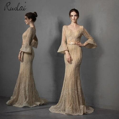 2019 Newest Luxury Gold Color Mermaid Evening Dress Long Women Scoop Evening Dresses with Sash vestido longo festa