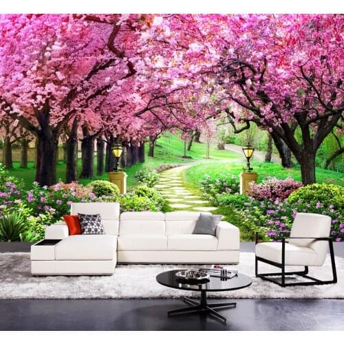 Purple Sakura Flower Forest Road Park 3d Murals Wallpaper for Living Room TV Background 3d Nature Wall Mural 3d Wall paper