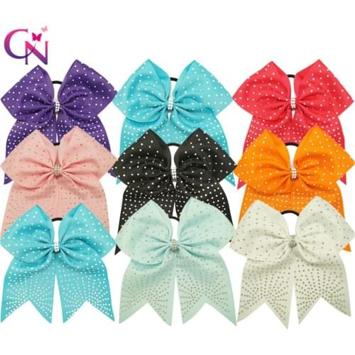 9 Pieces/lot 7" Rhinestone Cheer Bows With Elastic Band For Kids Girls Handmade Large Crystal Center Hair Bows Hair Accessories
