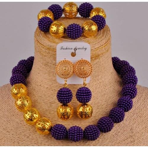 African beads purple jewelry set simulated pearl nigerian wedding beads jewelry sets FZZ89