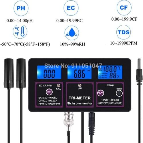 6 in 1 Multi-Parameter PH RH EC CF TDS(PPM) TEMP Water Quality Meter Digital Multi-Function Water Monitor LCD Backlight Display