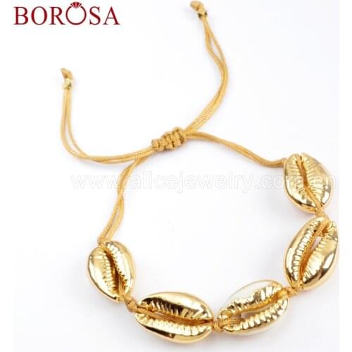 BOROSA 5/10PCS Handmade Five Full Gold Color Natural Cowrie Shell Adjustable Rope Bracelet Shell Jewelry for Women HD0002