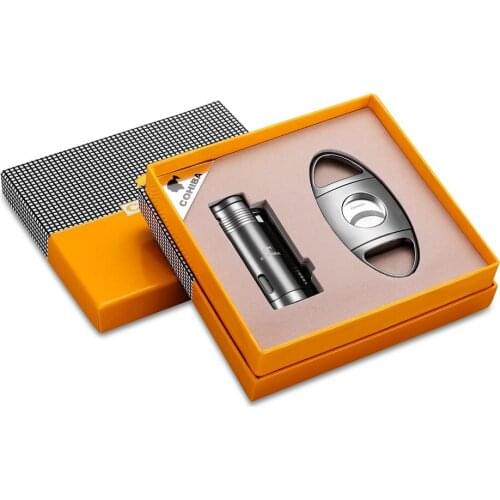 COHIBA Windproof 3 Torch Jet Flame Butane Gas Metal Cigar Lighter with Cigar Cutter Gift Set CQ-0114
